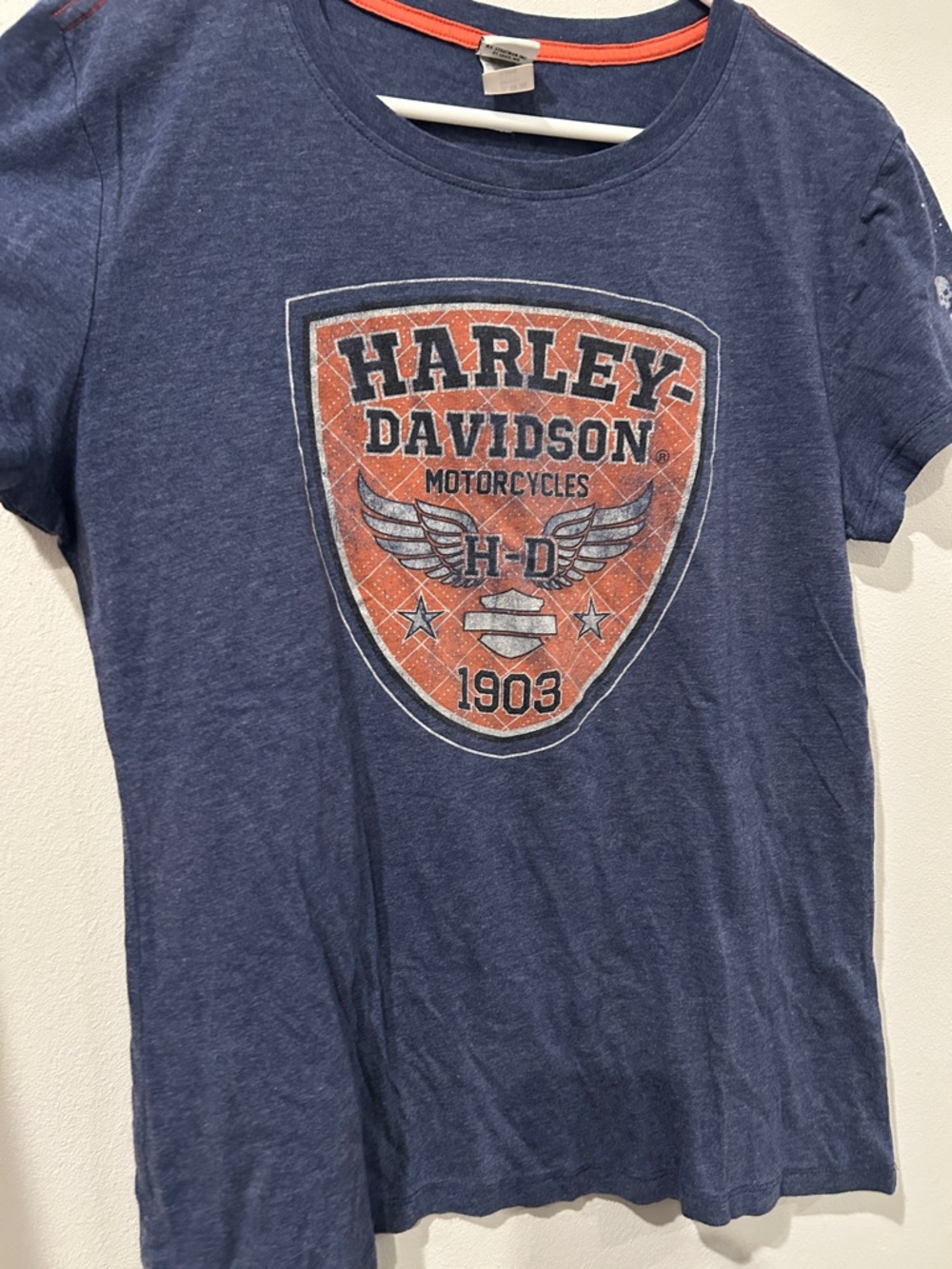 Harley-Davidson Women’s XL Navy Blue Tee with Orange Shield Graphic